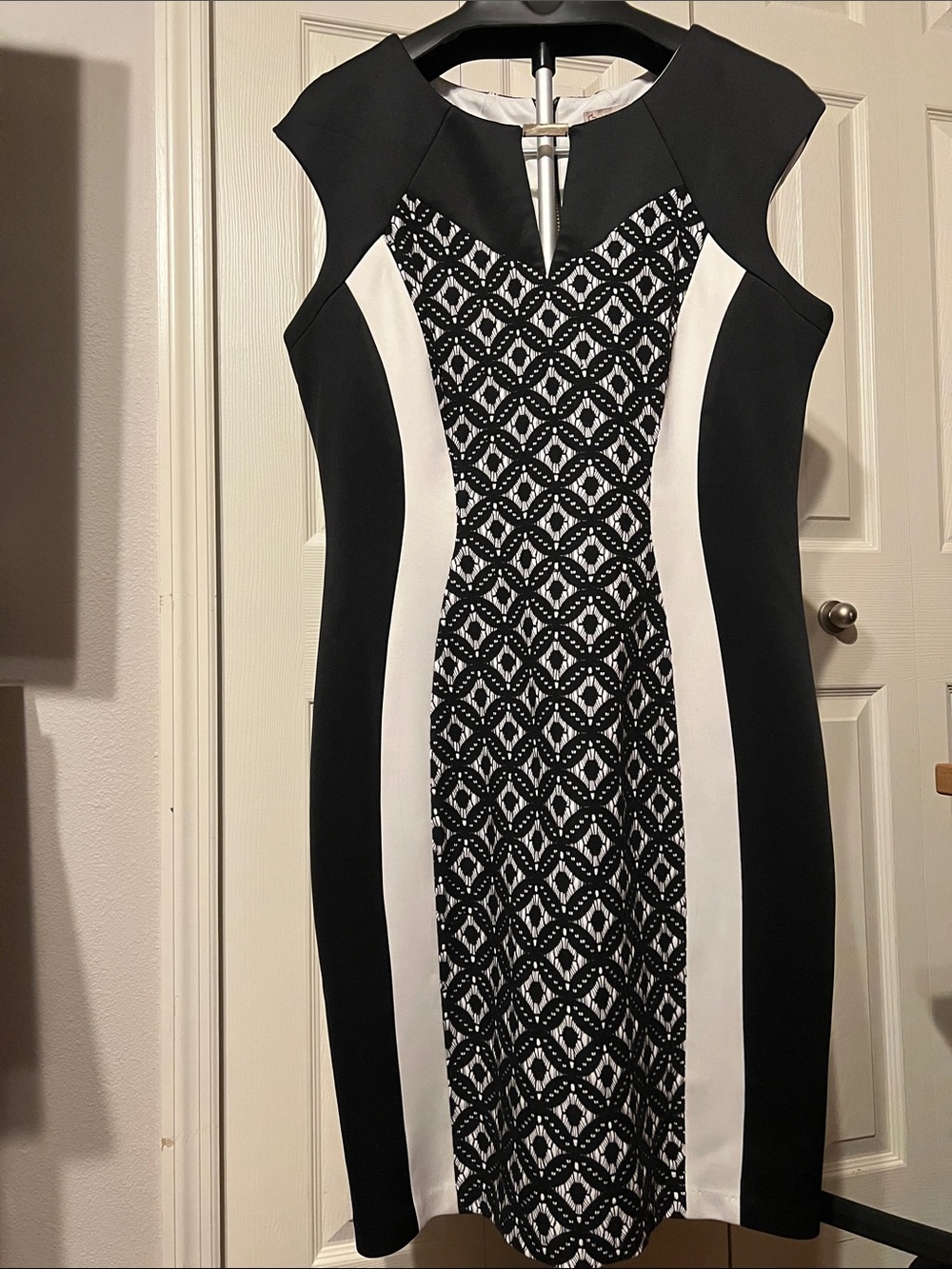 dressbarn Black and White Geometric Lace-Panel Sheath Dress